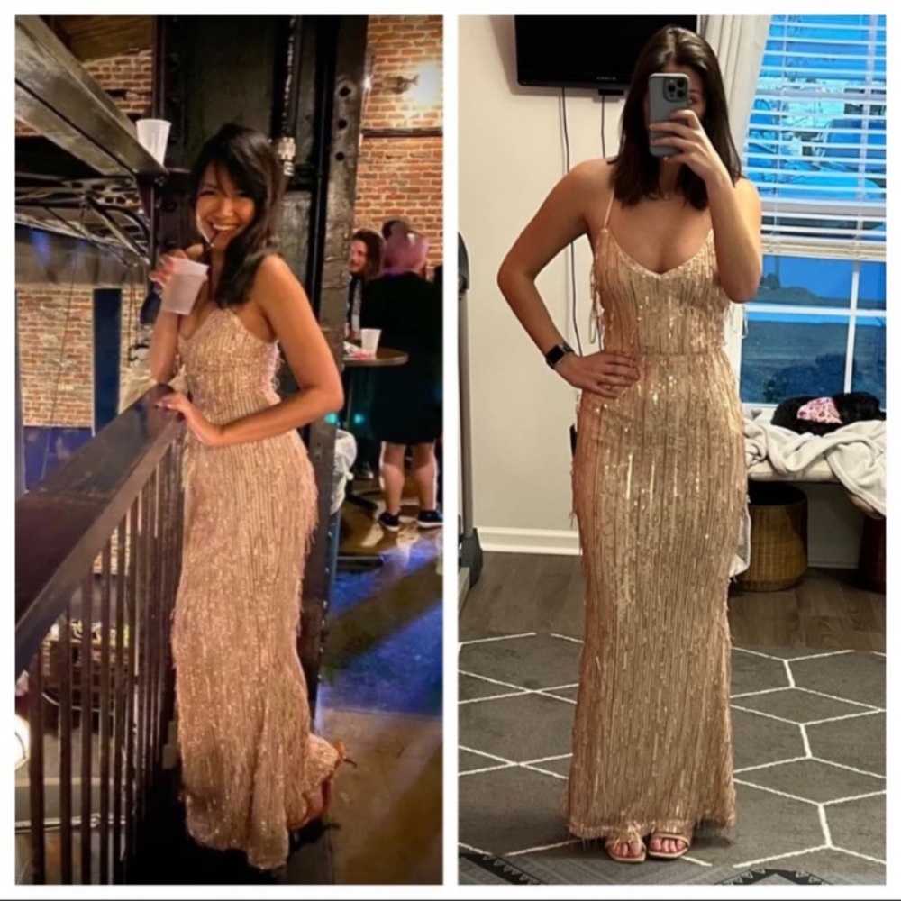 Endless Festivities Rose Gold Sequin Fringe Lace-Up Maxi Dress - Picture 13 of 15